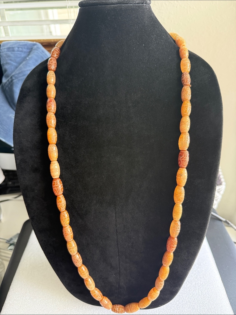 Vintage Carved Earth Tone Beaded Necklace Artisan Boho Natural Stone Look